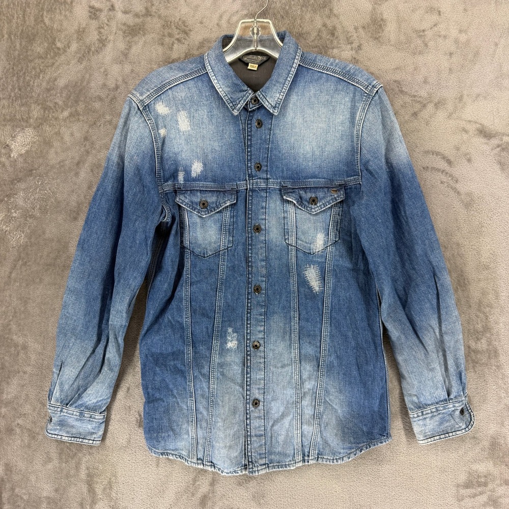 Diesel Industry Mens Blue Distressed Denim‎ Shirt Patchwork Button Up Size S